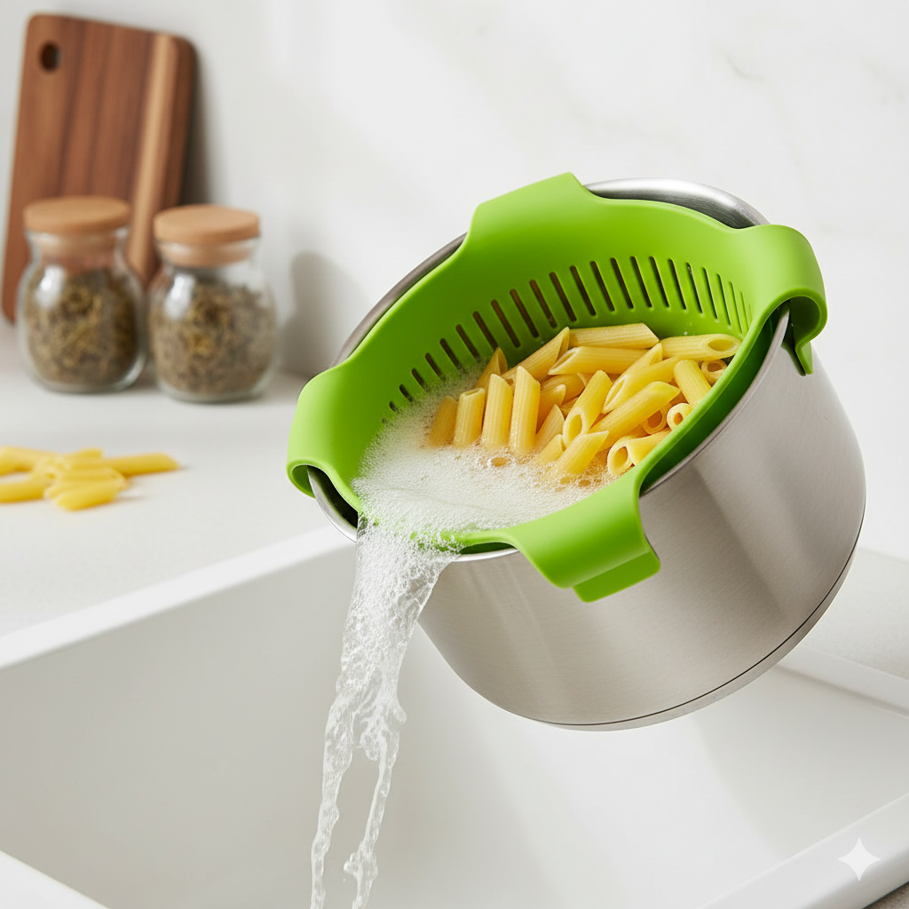 A bright green clip-on silicone pot strainer attached to a stainless steel pot, draining pasta water. Essential Temu kitchen gadgets for small apartments.