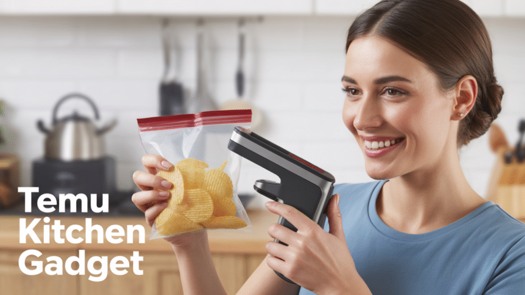 Close-up of a person using a handheld mini bag sealer and cutter on a plastic chip bag. Best-selling Temu kitchen gadgets for freshness.