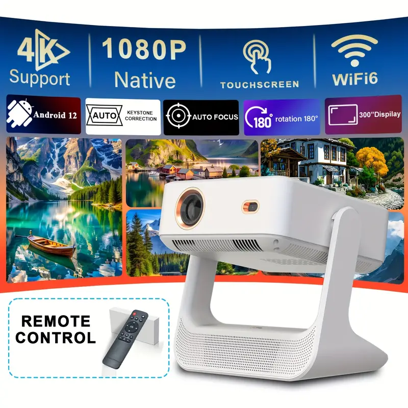 Promotional graphic for the viral Temu Projector, detailing key features like 4K Support, 1080P Native, WiFi 6, and Auto Focus. This image summarizes the technical specifications we test in our full Temu Projector Review.