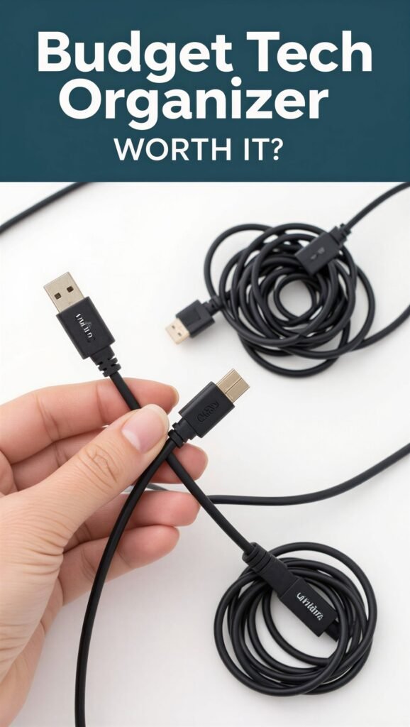 Budget Tech Organizer Worth It? Close-up of a messy, tangled pile of black USB cables representing the problem of cable clutter.