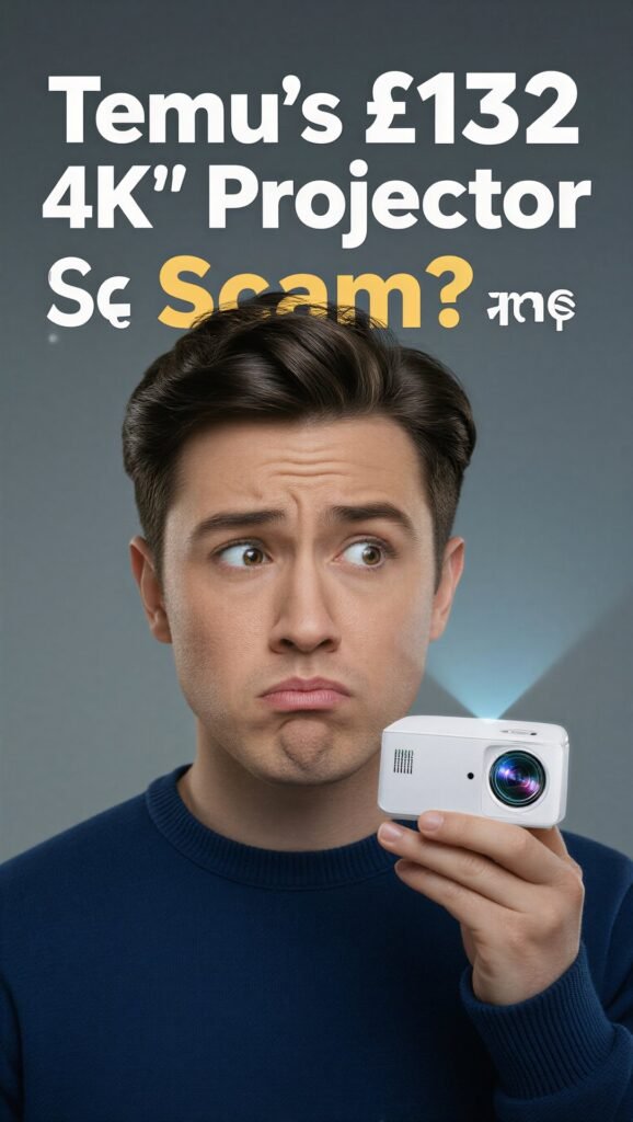 Close-up of a skeptical man questioning if the Temu £132 "4K" Projector is a scam. This image is the thumbnail for the definitive Temu Projector Review.