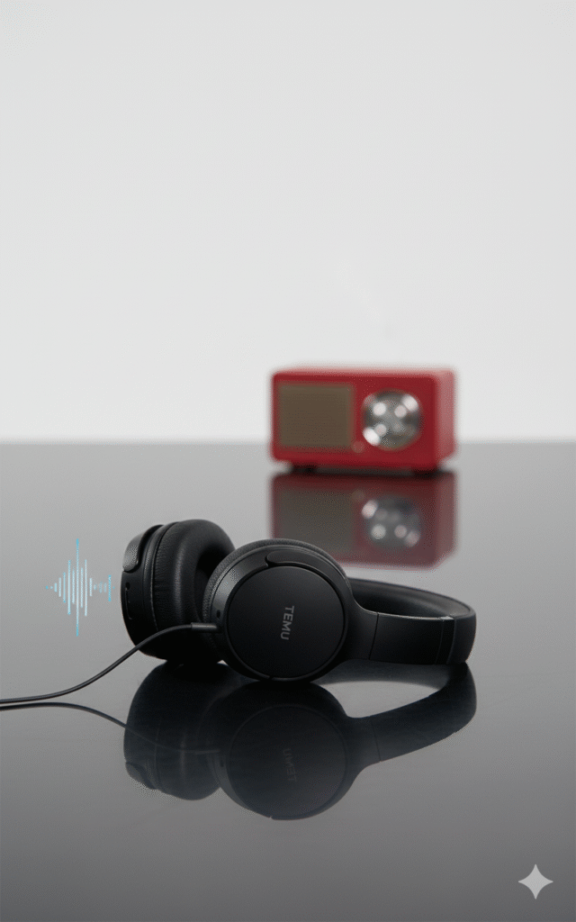 Black Temu Deep Bass Wireless Headphones displayed with "£5 Sound Quality" text, highlighting the affordable price.