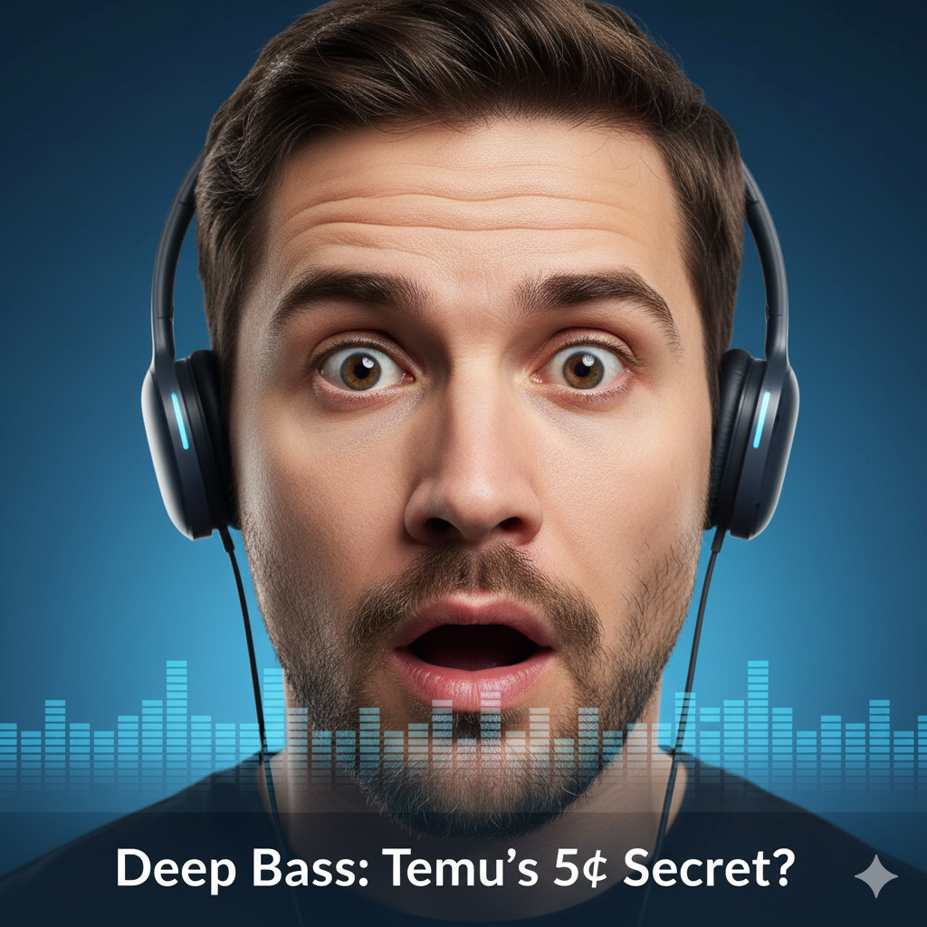 Man with a surprised expression wearing Temu Deep Bass Wireless Headphones, representing the "sound shock" of the budget price.