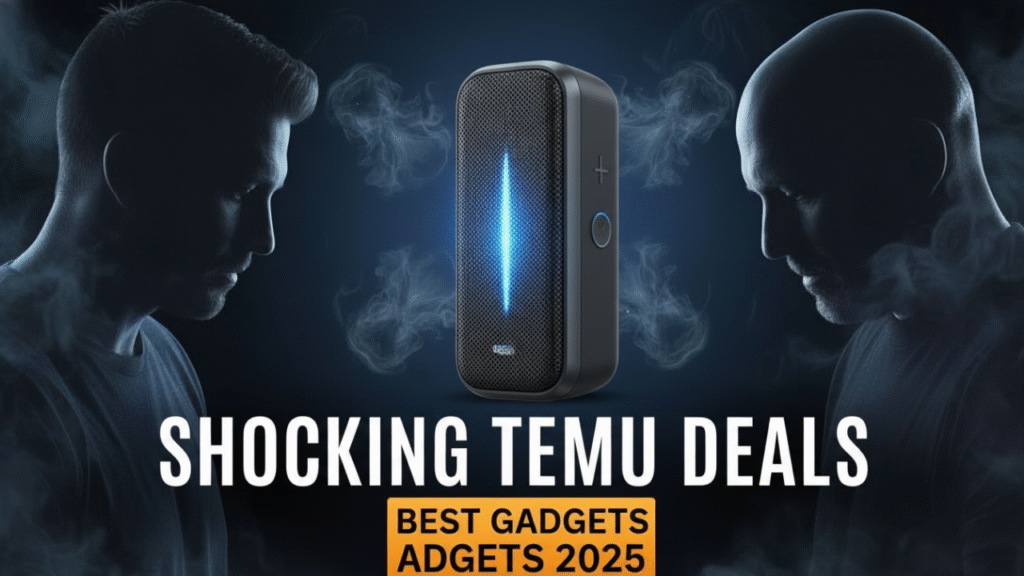 YouTube thumbnail with two shadowy figures looking at a glowing black portable speaker, overlaid with the text "SHOCKING TEMU DEALS BEST GADGETS 2025."
Temu Gadgets Worth Buying.