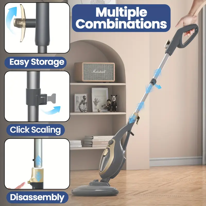 Full-length view of the Temu 12-in-1 Steam Cleaner in its upright mop configuration, featuring the black and gold design with the microfibre pad attached.